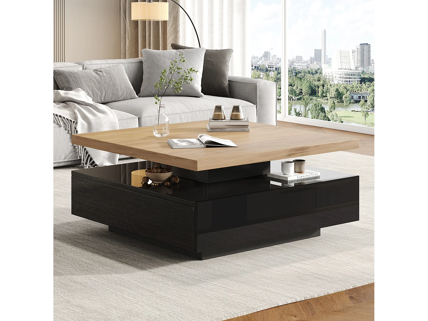 Tavolino da salotto quadrato rotante 360° - 70x70x36cm - 1 cassetto - Struttura a doppio strato - Nero + naturale