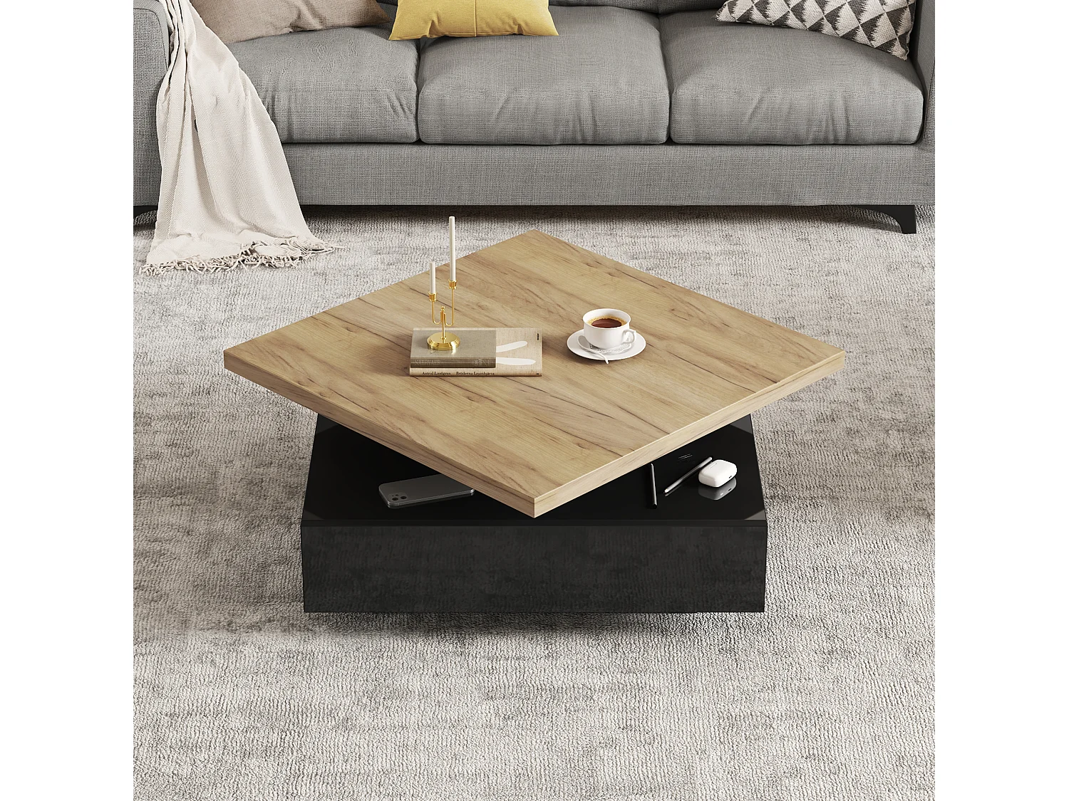 Tavolino da salotto quadrato rotante 360° - 70x70x36cm - 1 cassetto - Struttura a doppio strato - Nero + naturale