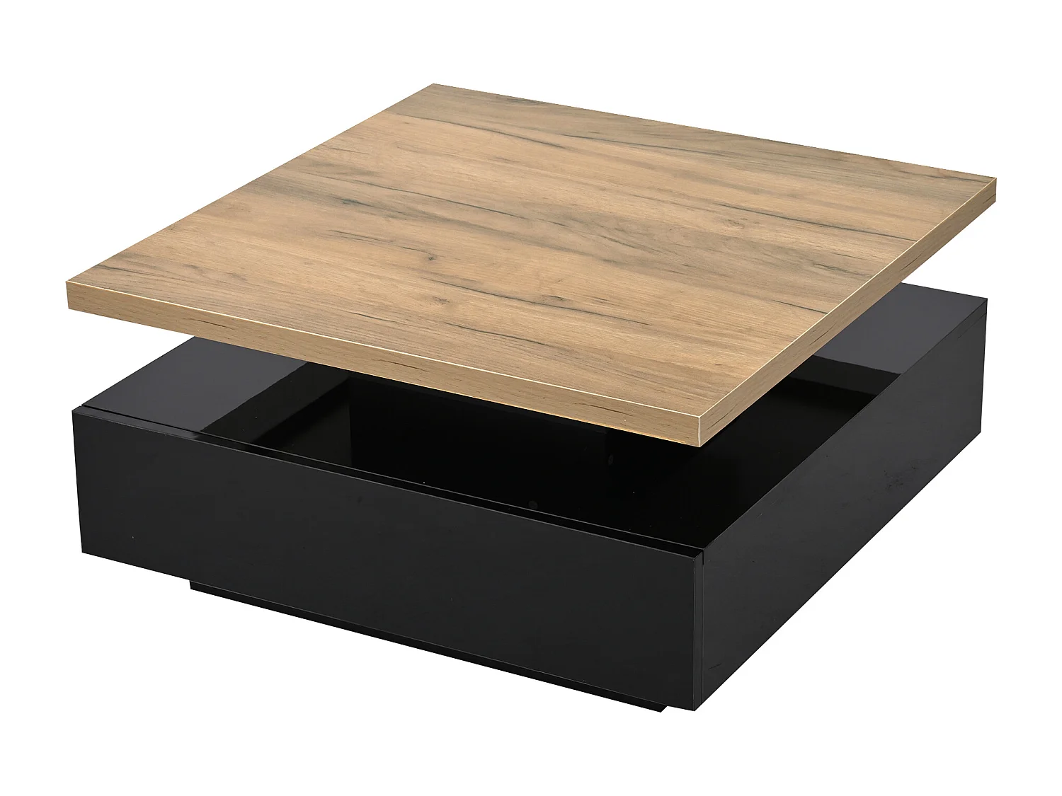 Tavolino da salotto quadrato rotante 360° - 70x70x36cm - 1 cassetto - Struttura a doppio strato - Nero + naturale