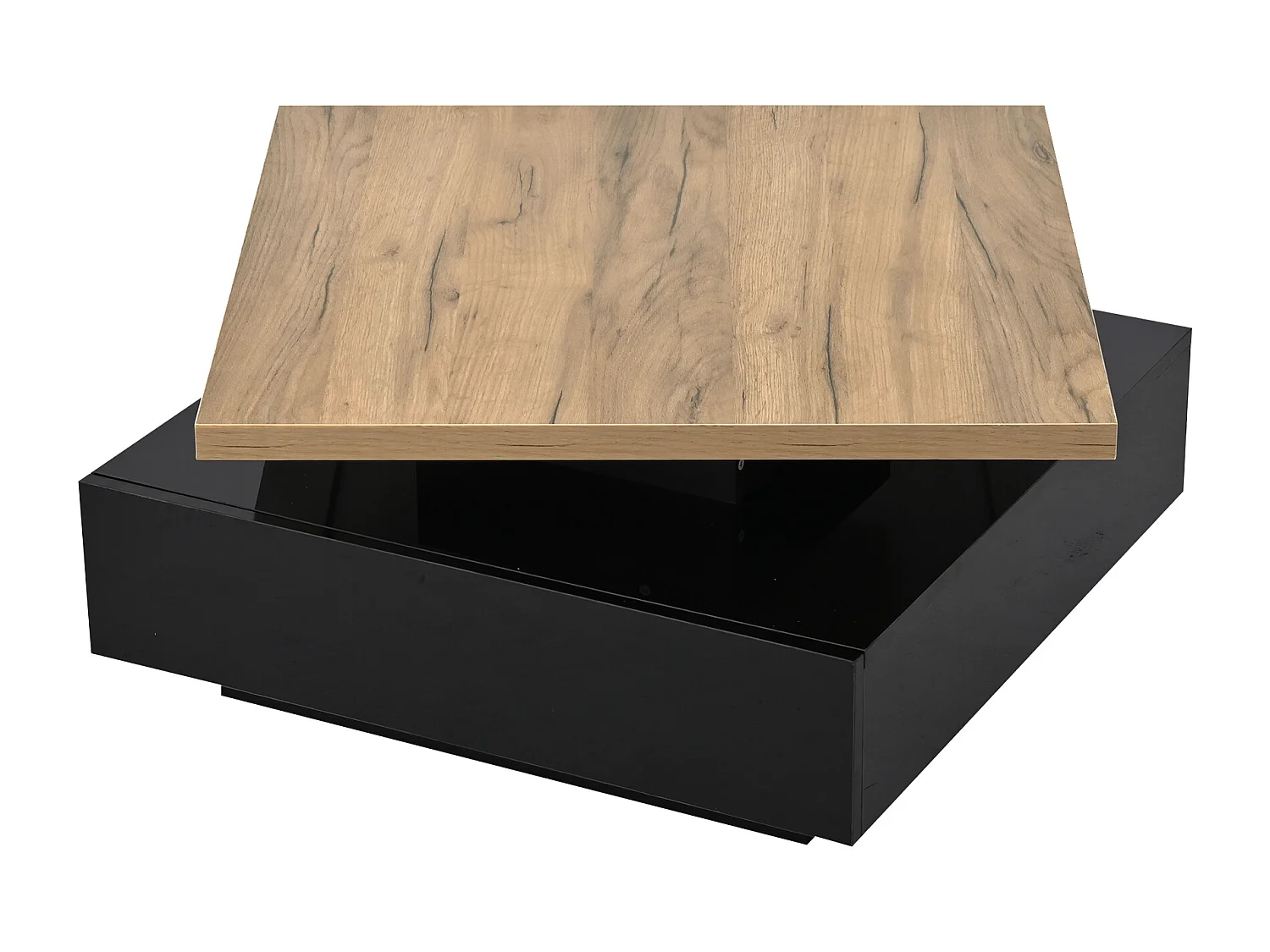 Tavolino da salotto quadrato rotante 360° - 70x70x36cm - 1 cassetto - Struttura a doppio strato - Nero + naturale