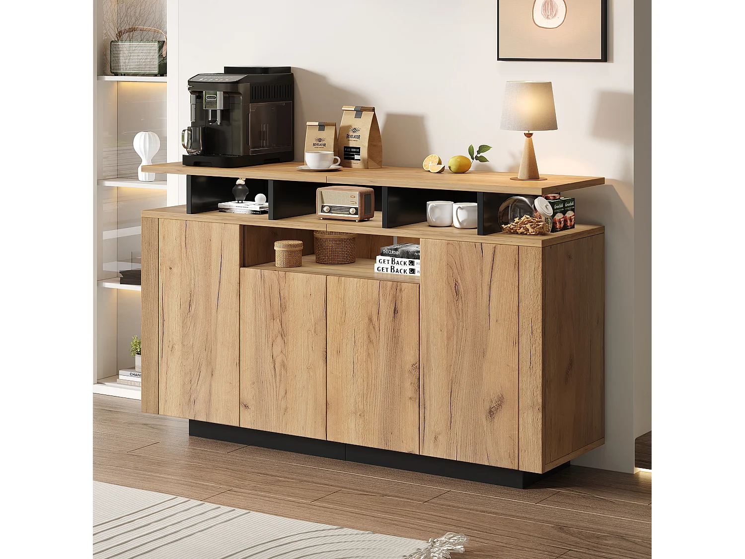 Modern dressoir - 120 x 40 x 85 cm - met 4 deuren + 3 open vakken - spaanplaat - naturel