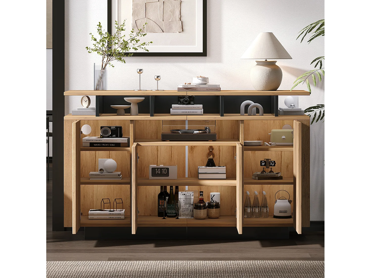 Modern dressoir - 120 x 40 x 85 cm - met 4 deuren + 3 open vakken - spaanplaat - naturel