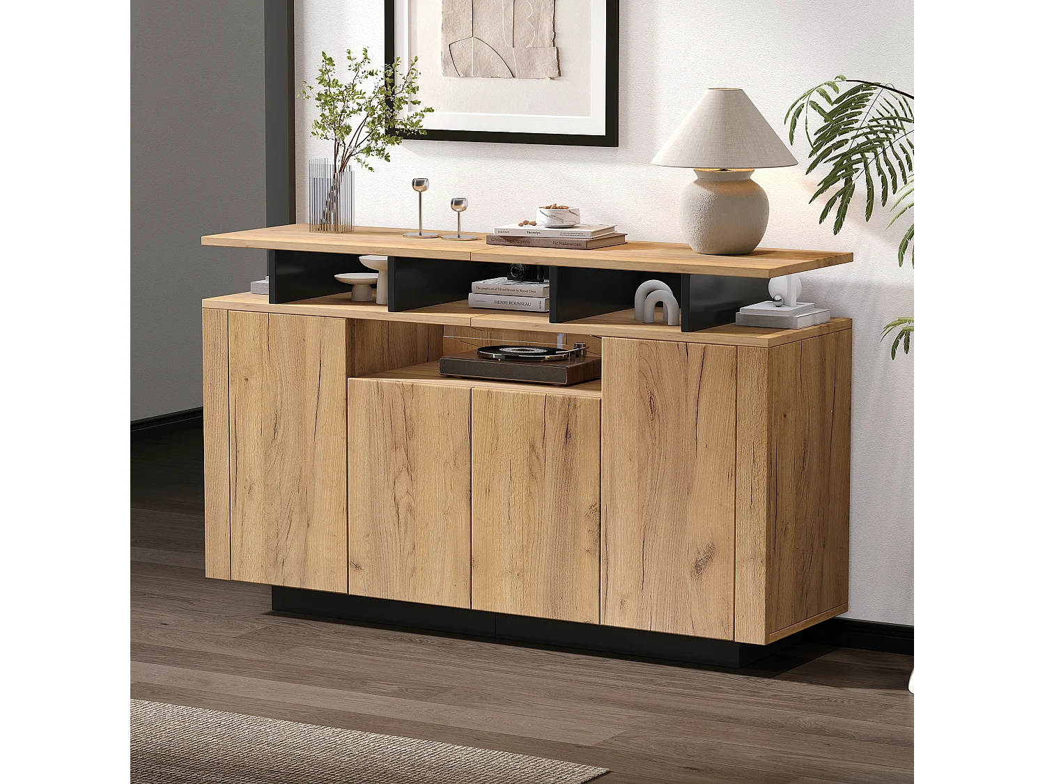 Modern dressoir - 120 x 40 x 85 cm - met 4 deuren + 3 open vakken - spaanplaat - naturel