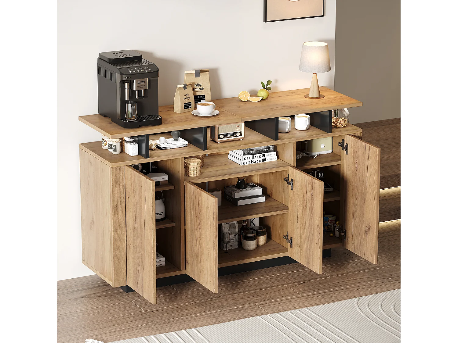 Buffet moderne - 140 x 40 x 85 cm - avec 4 portes + 3 compartiments ouverts - aggloméré - naturel