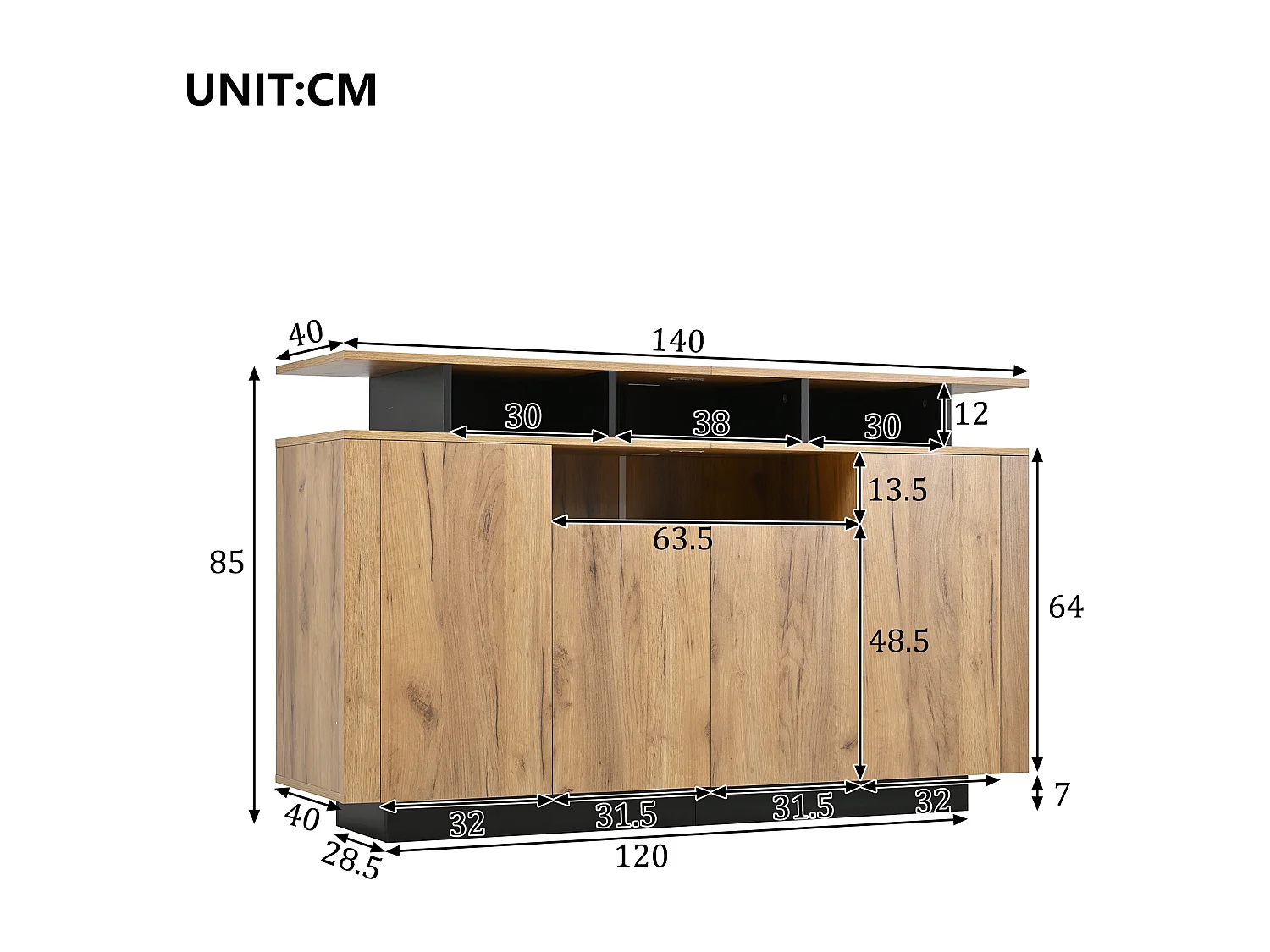 Buffet moderne - 140 x 40 x 85 cm - avec 4 portes + 3 compartiments ouverts - aggloméré - naturel