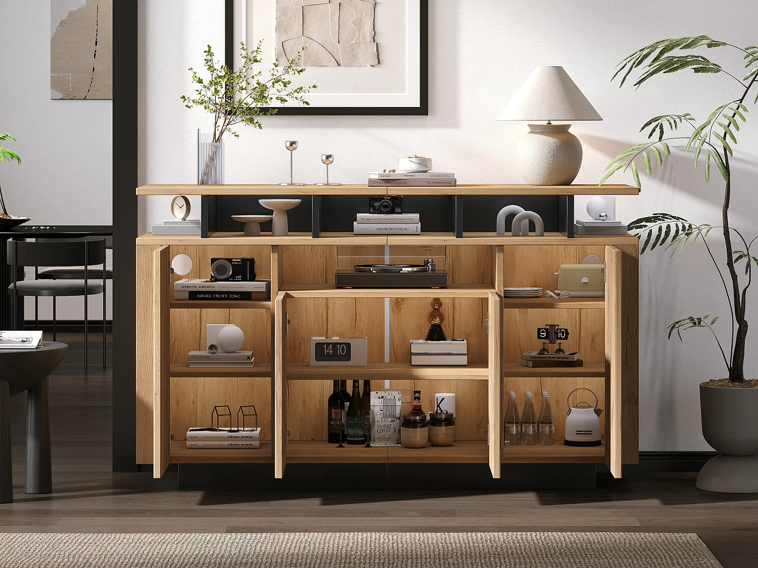 Buffet moderne - 140 x 40 x 85 cm - avec 4 portes + 3 compartiments ouverts - aggloméré - naturel