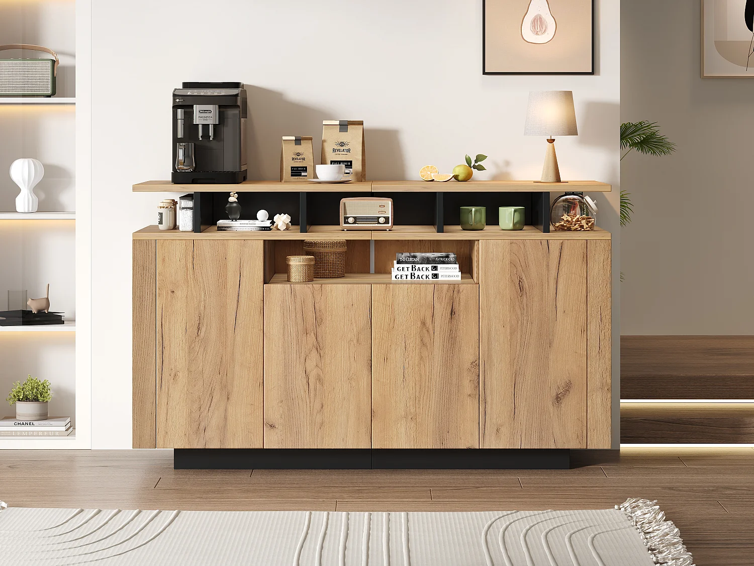 Buffet moderne - 140 x 40 x 85 cm - avec 4 portes + 3 compartiments ouverts - aggloméré - naturel
