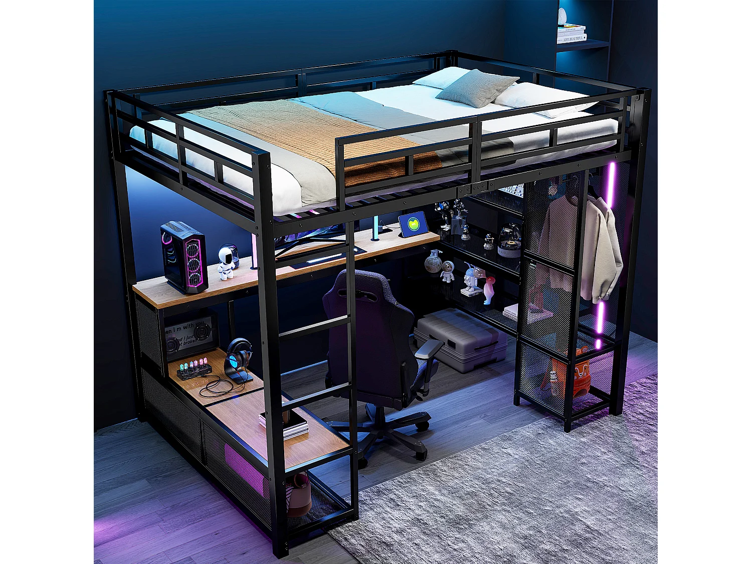 Lit mezzanine en métal 140x200 cm - avec bureau et étagères - avec penderie ouverte - Port USB et éclairage LED - Noir (sans matelas)