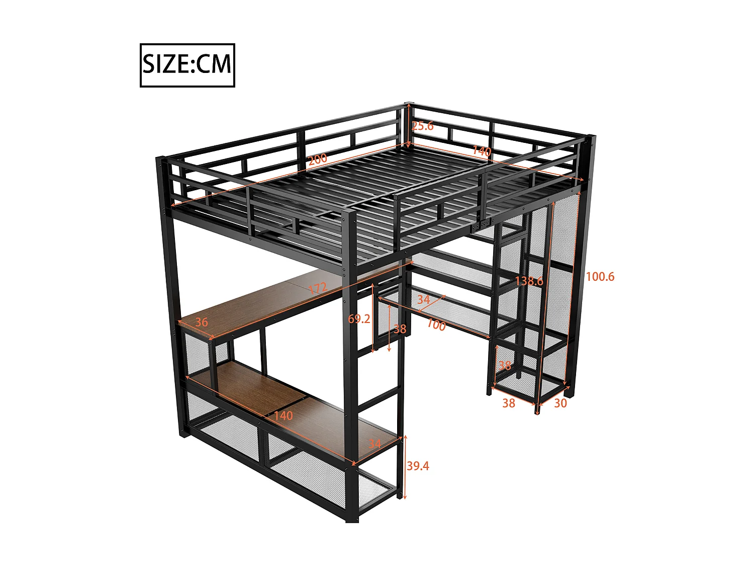 Lit mezzanine en métal 140x200 cm - avec bureau et étagères - avec penderie ouverte - Port USB et éclairage LED - Noir (sans matelas)