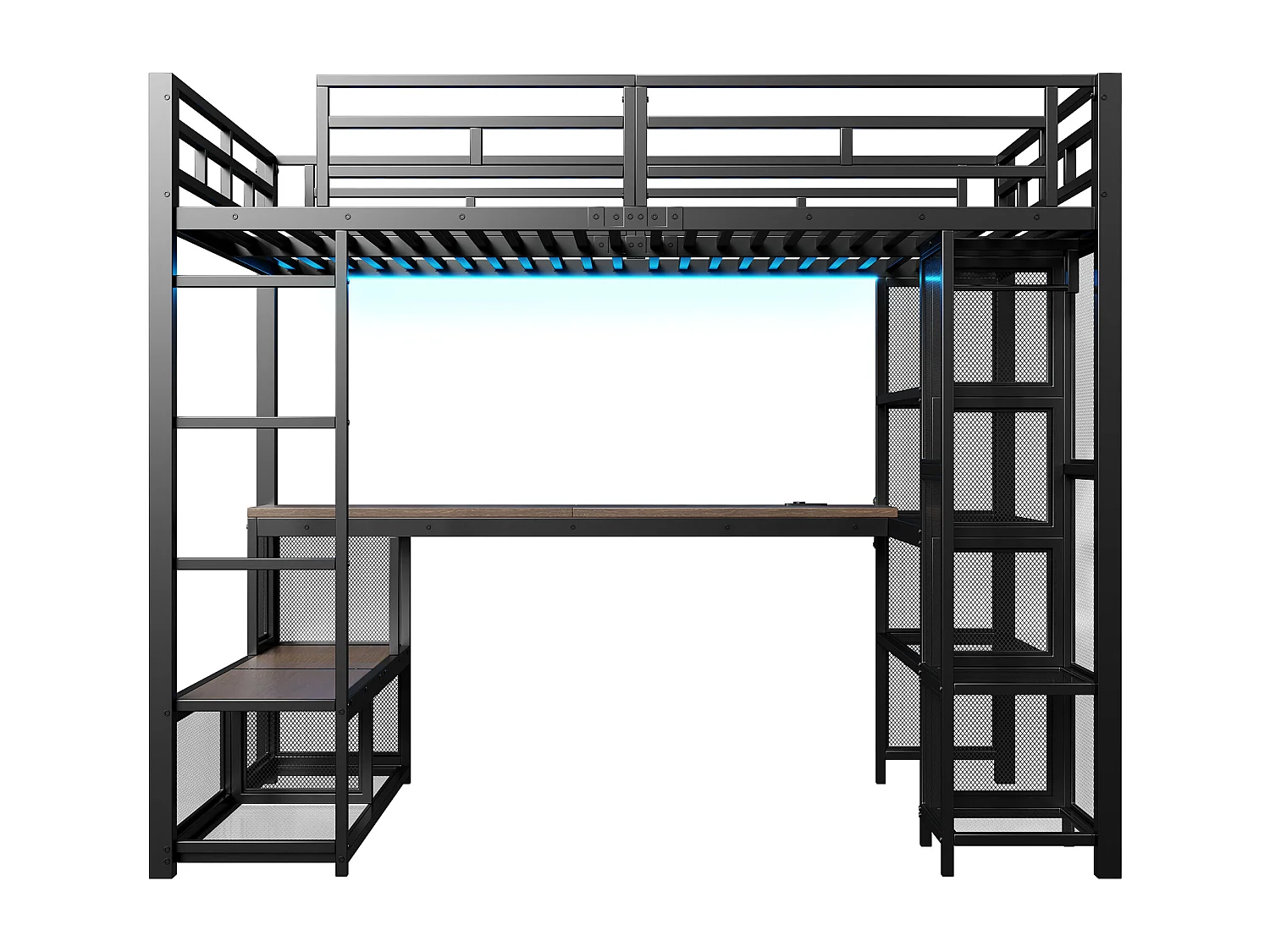 Lit mezzanine en métal 140x200 cm - avec bureau et étagères - avec penderie ouverte - Port USB et éclairage LED - Noir (sans matelas)