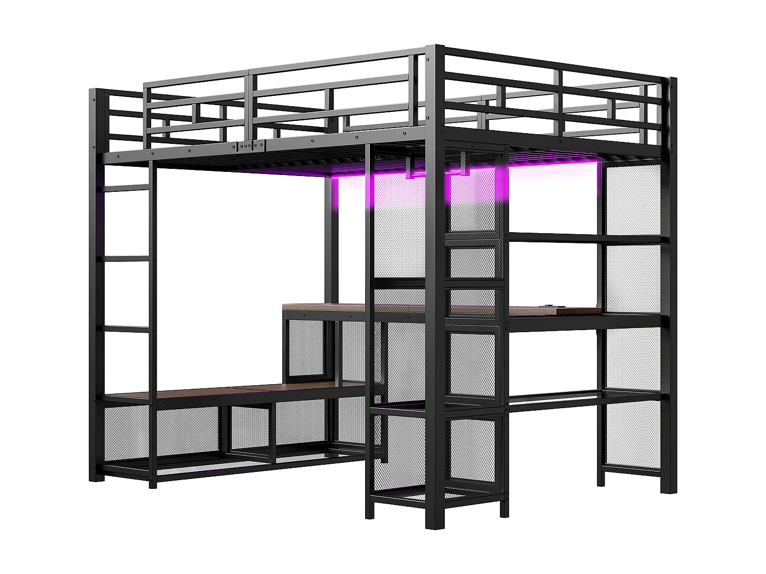 Lit mezzanine en métal 140x200 cm - avec bureau et étagères - avec penderie ouverte - Port USB et éclairage LED - Noir (sans matelas)
