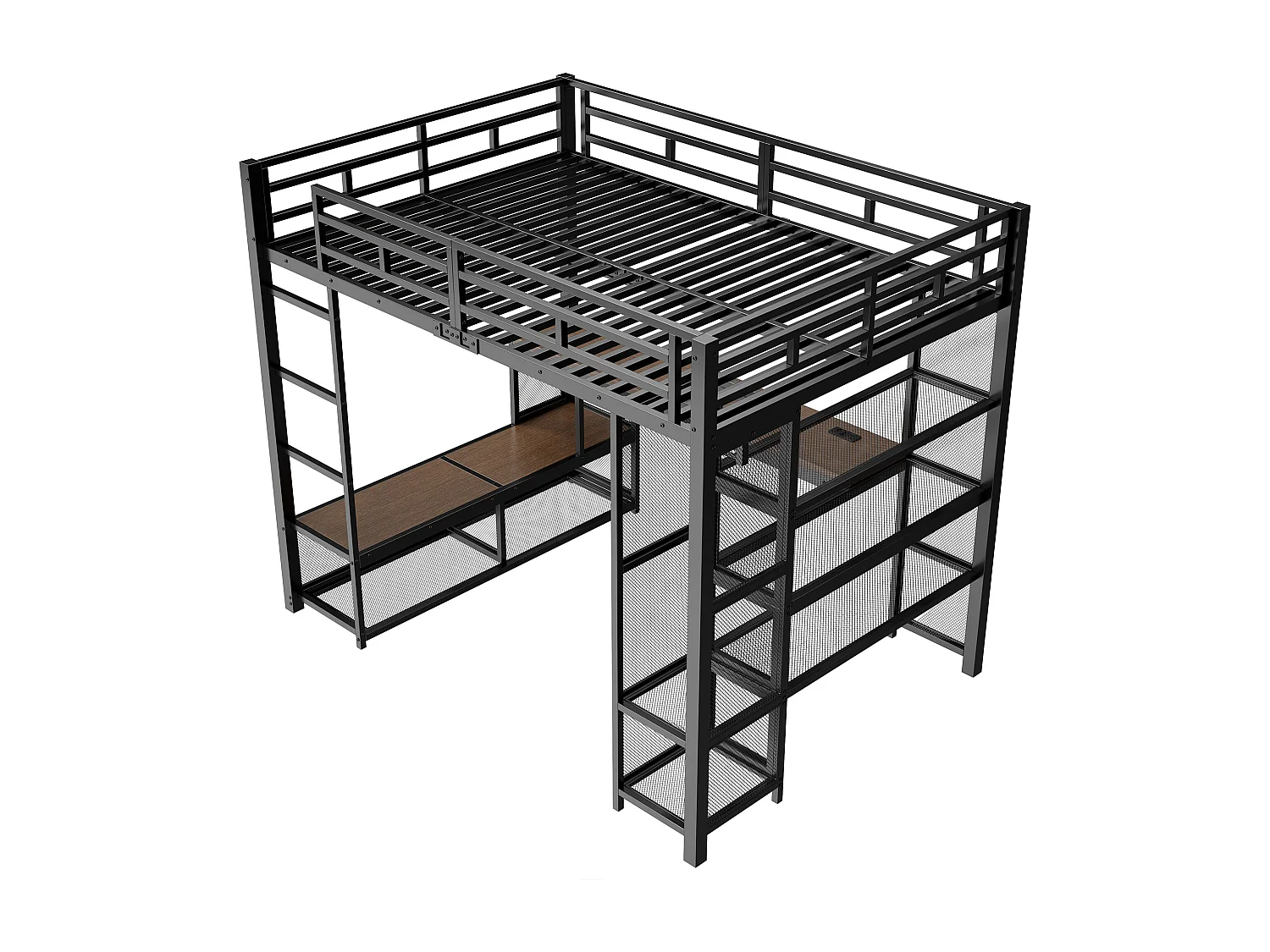 Lit mezzanine en métal 140x200 cm - avec bureau et étagères - avec penderie ouverte - Port USB et éclairage LED - Noir (sans matelas)