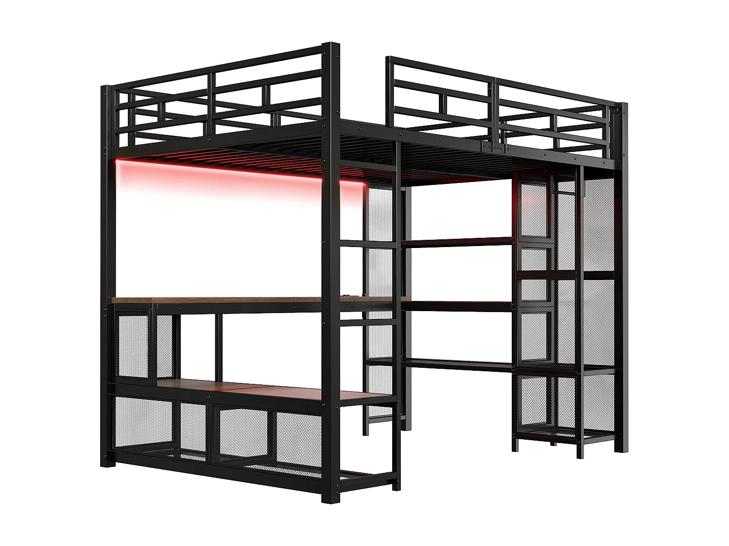 Lit mezzanine en métal 140x200 cm - avec bureau et étagères - avec penderie ouverte - Port USB et éclairage LED - Noir (sans matelas)