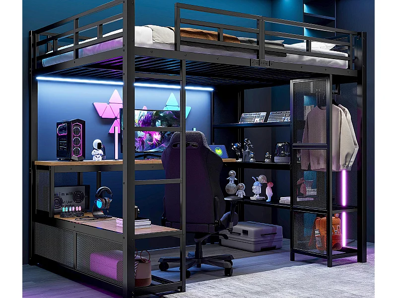 Lit mezzanine en métal 140x200 cm - avec bureau et étagères - avec penderie ouverte - Port USB et éclairage LED - Noir (sans matelas)