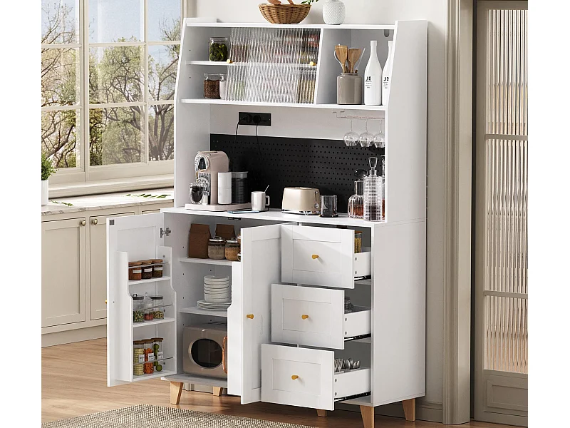 Buffet de cuisine moderne 120x40x184cm - avec prise et porte-verres à vin - avec 3 tiroirs et 5 portes - Blanc