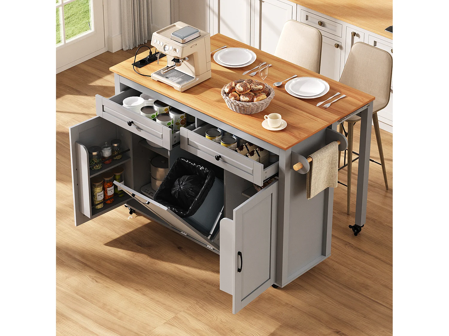 Ilot central de cuisine mobile 120x40x92cm - plateau extensible - avec prise de courant - espace de rangement multifonctionnel - gris