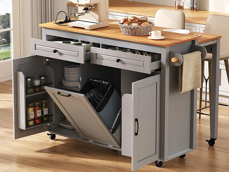 Ilot central de cuisine mobile 120x40x92cm - plateau extensible - avec prise de courant - espace de rangement multifonctionnel - gris
