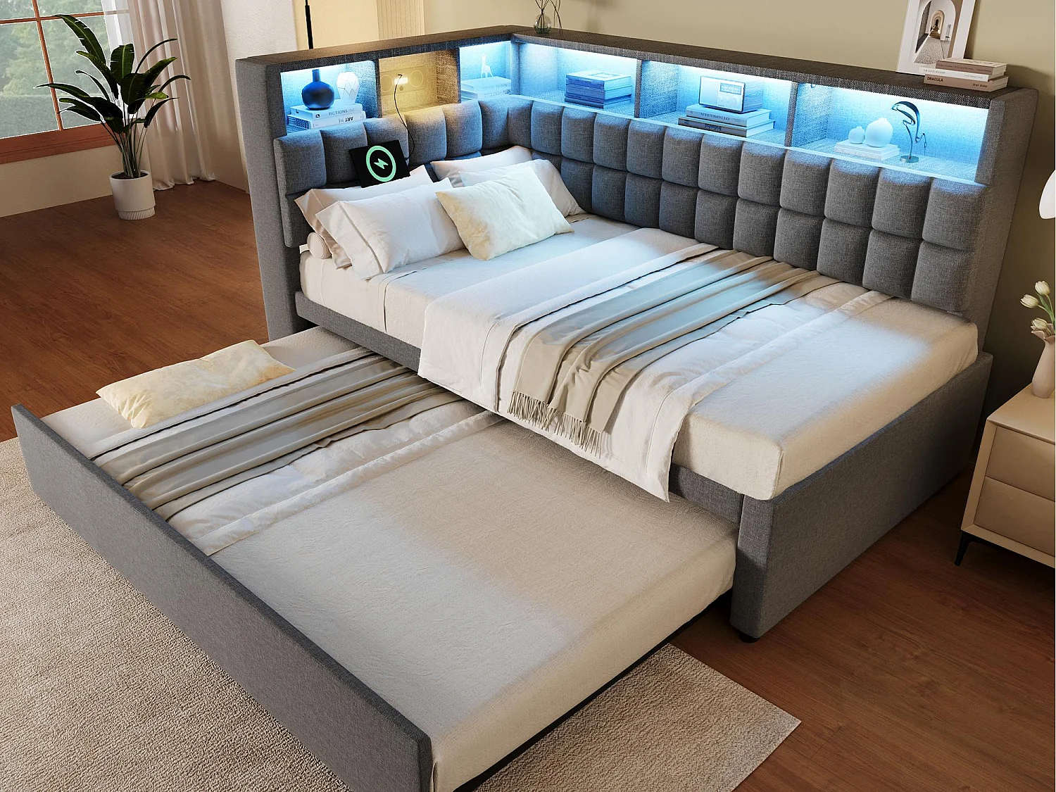 Canapé-lit 90x200cm - avec lit gigogne - avec éclairage LED - avec enceinte Bluetooth et port de chargement - tissu de lin - gris