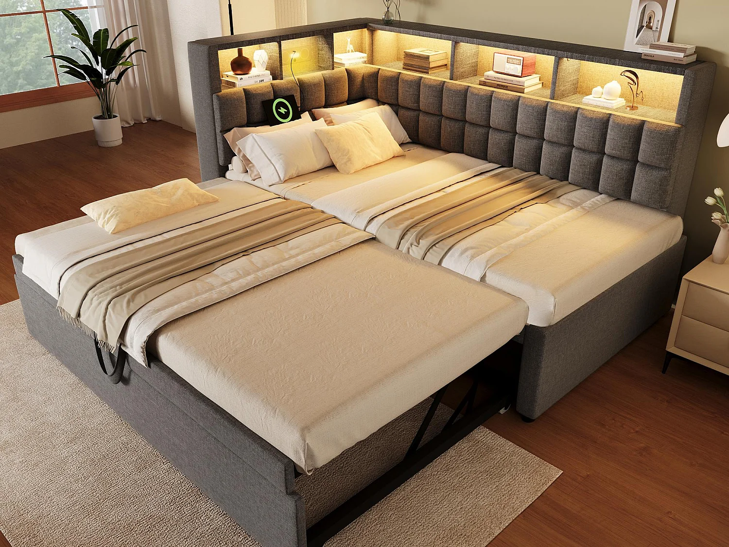 Canapé-lit 90x200cm - avec lit gigogne - avec éclairage LED - avec enceinte Bluetooth et port de chargement - tissu de lin - gris