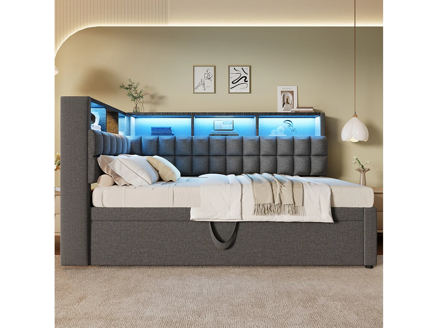 Canapé-lit 90x200cm - avec lit gigogne - avec éclairage LED - avec enceinte Bluetooth et port de chargement - tissu de lin - gris