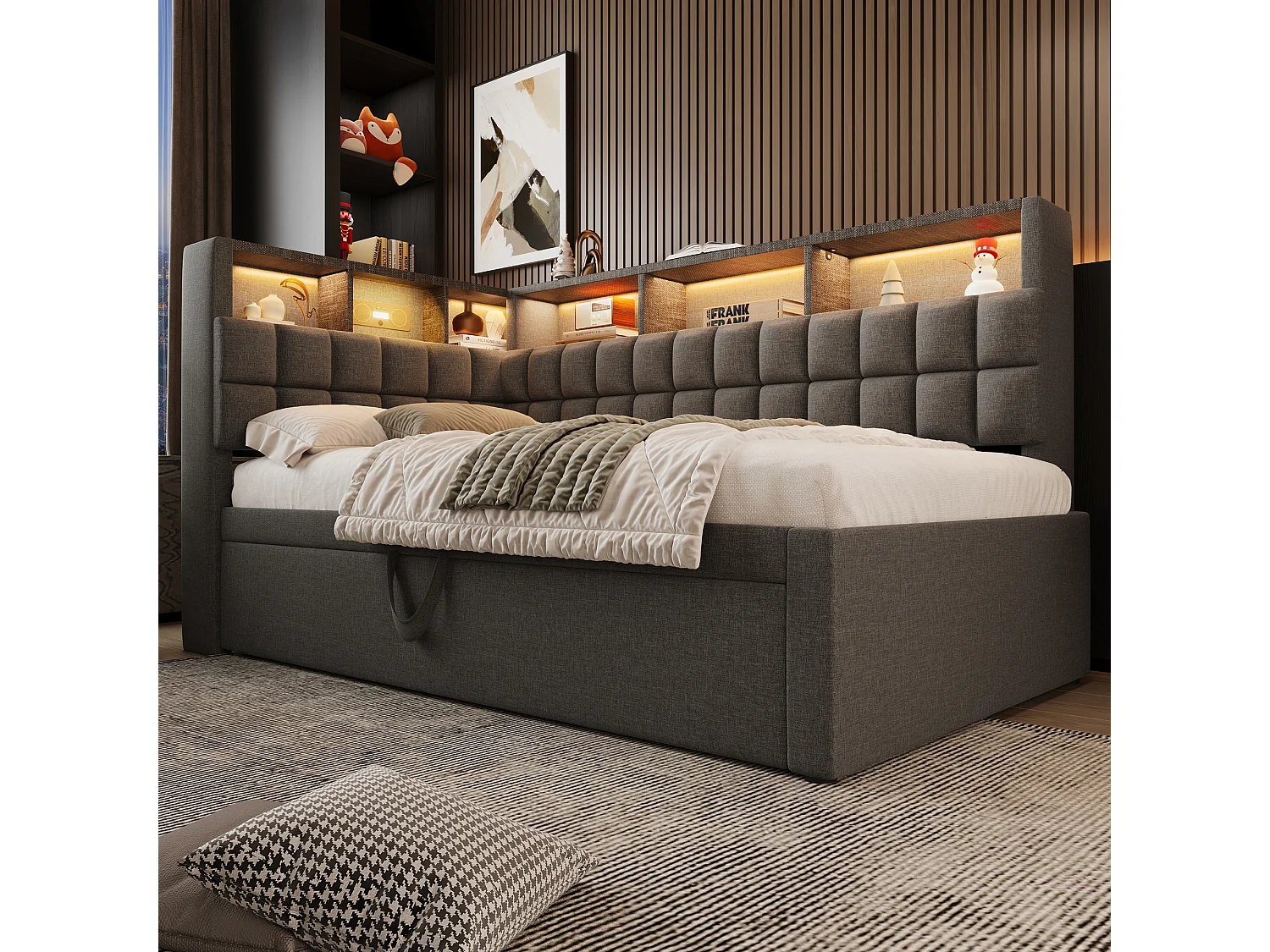 Canapé-lit 90x200cm - avec lit gigogne - avec éclairage LED - avec enceinte Bluetooth et port de chargement - tissu de lin - gris