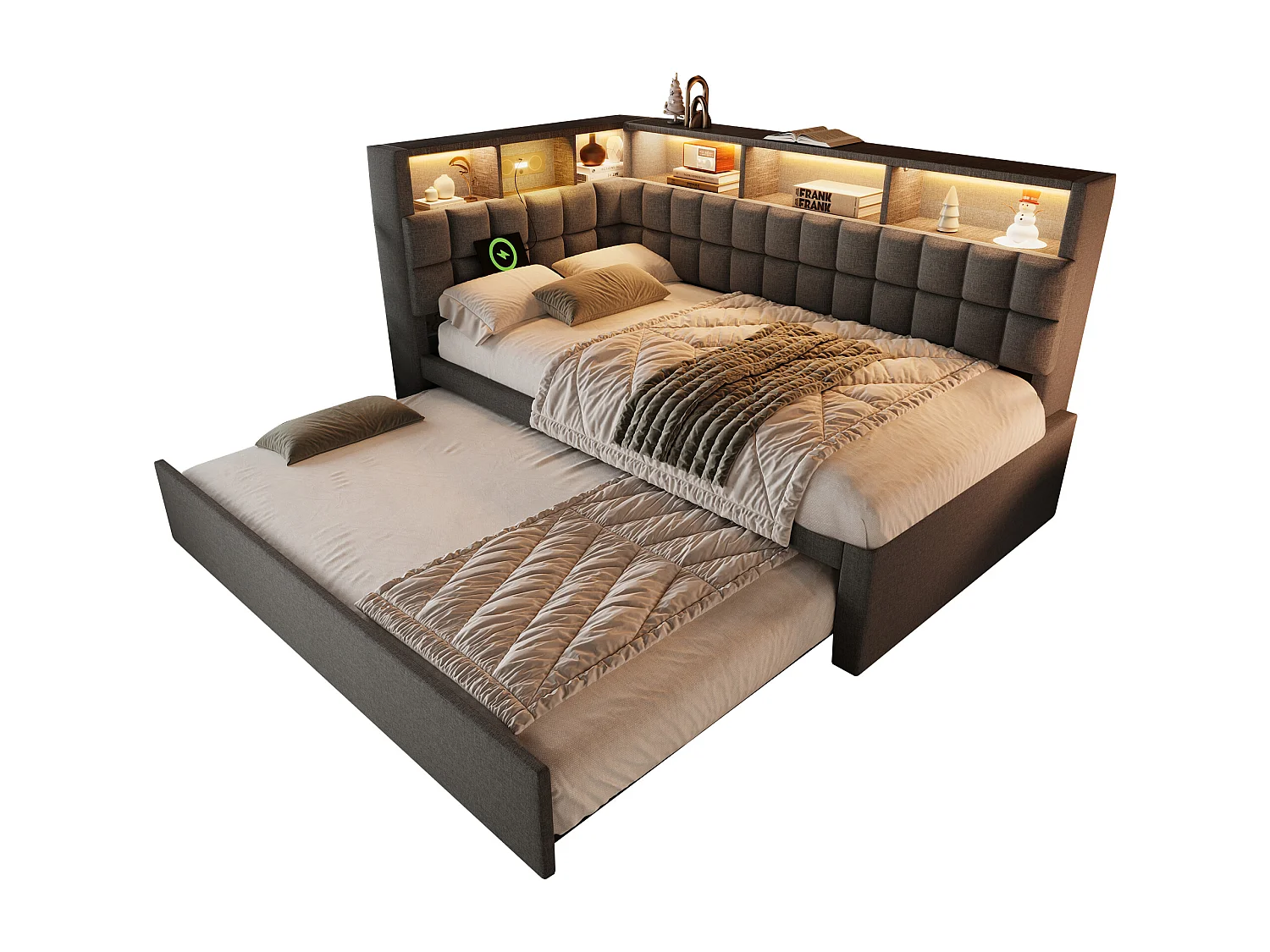 Canapé-lit 90x200cm - avec lit gigogne - avec éclairage LED - avec enceinte Bluetooth et port de chargement - tissu de lin - gris