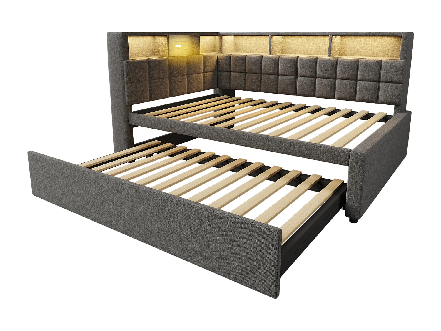 Canapé-lit 90x200cm - avec lit gigogne - avec éclairage LED - avec enceinte Bluetooth et port de chargement - tissu de lin - gris