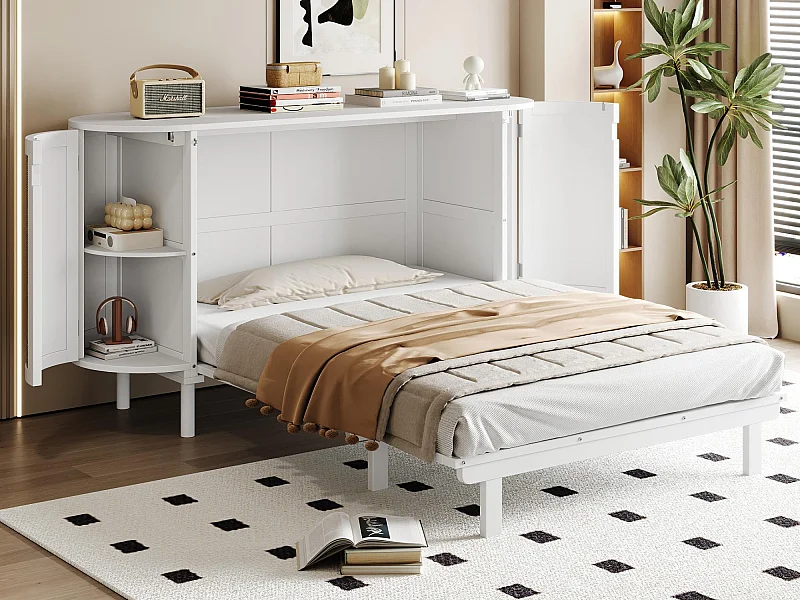 Lit escamotable 140x200 cm - avec compartiments de rangement - blanc (matelas non inclus)