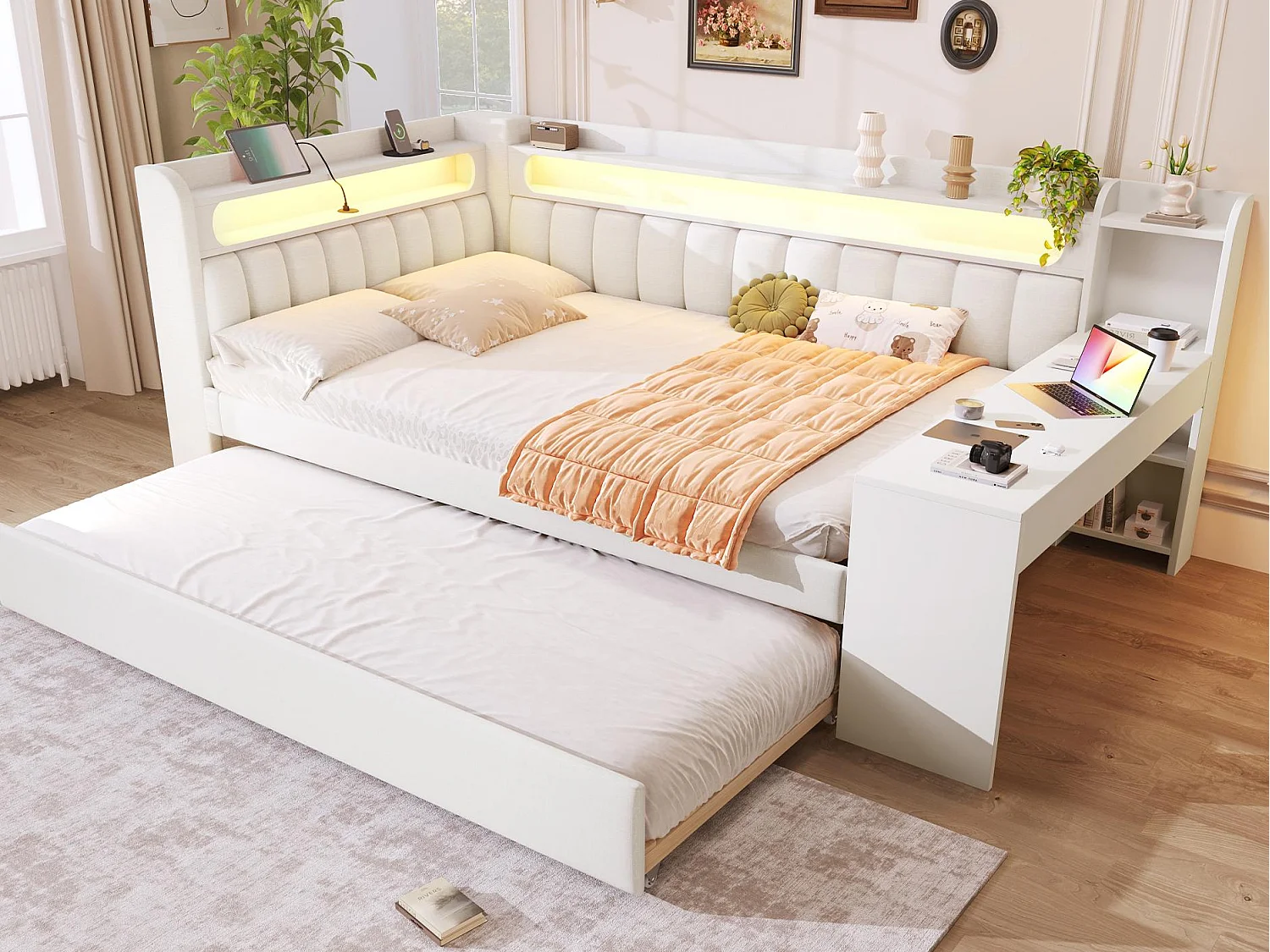 Canapé-lit rembourré 140x200 cm - avec ports USB et LED - avec lit gigogne et bureau - blanc(sans matelas)