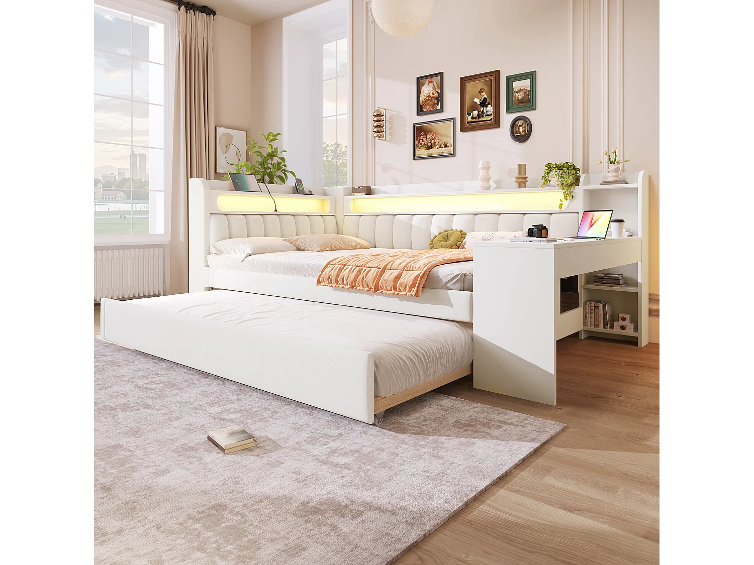 Canapé-lit rembourré 140x200 cm - avec ports USB et LED - avec lit gigogne et bureau - blanc(sans matelas)