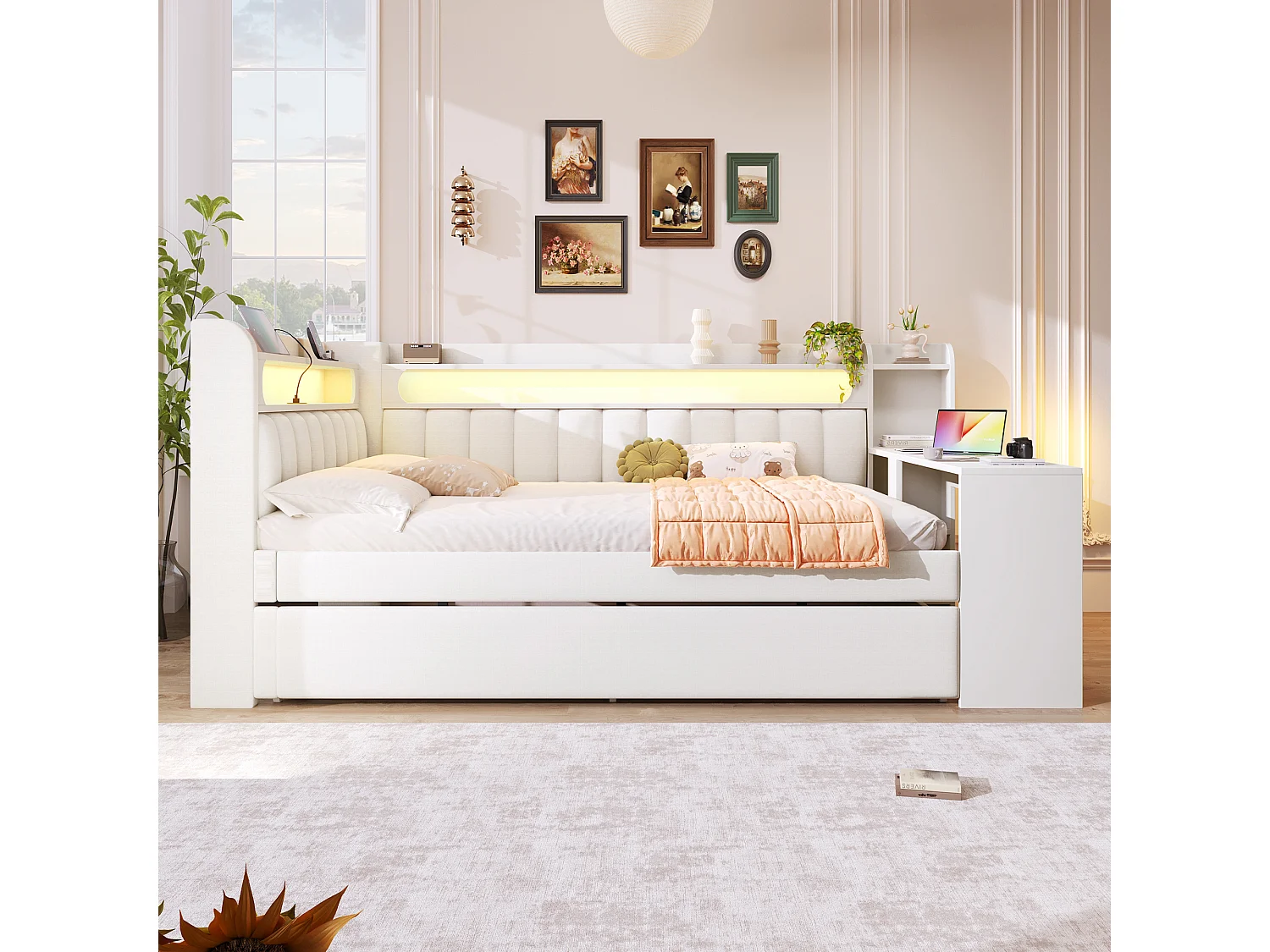 Canapé-lit rembourré 140x200 cm - avec ports USB et LED - avec lit gigogne et bureau - blanc(sans matelas)