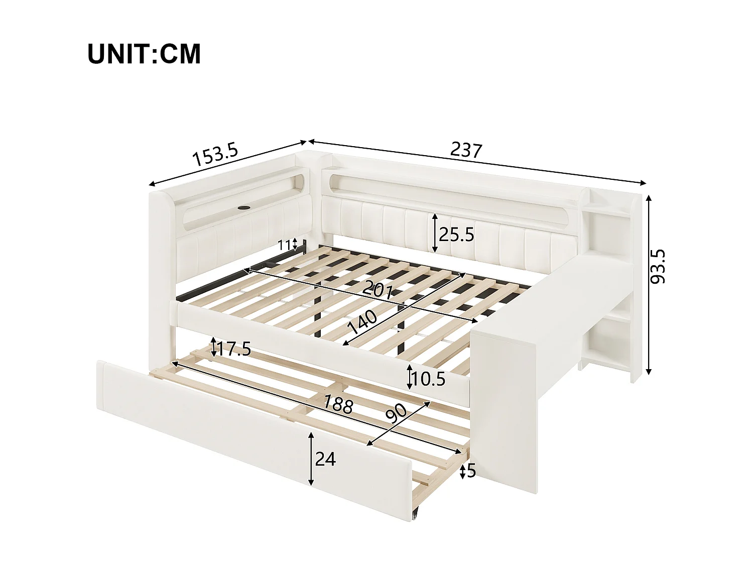 Canapé-lit rembourré 140x200 cm - avec ports USB et LED - avec lit gigogne et bureau - blanc(sans matelas)