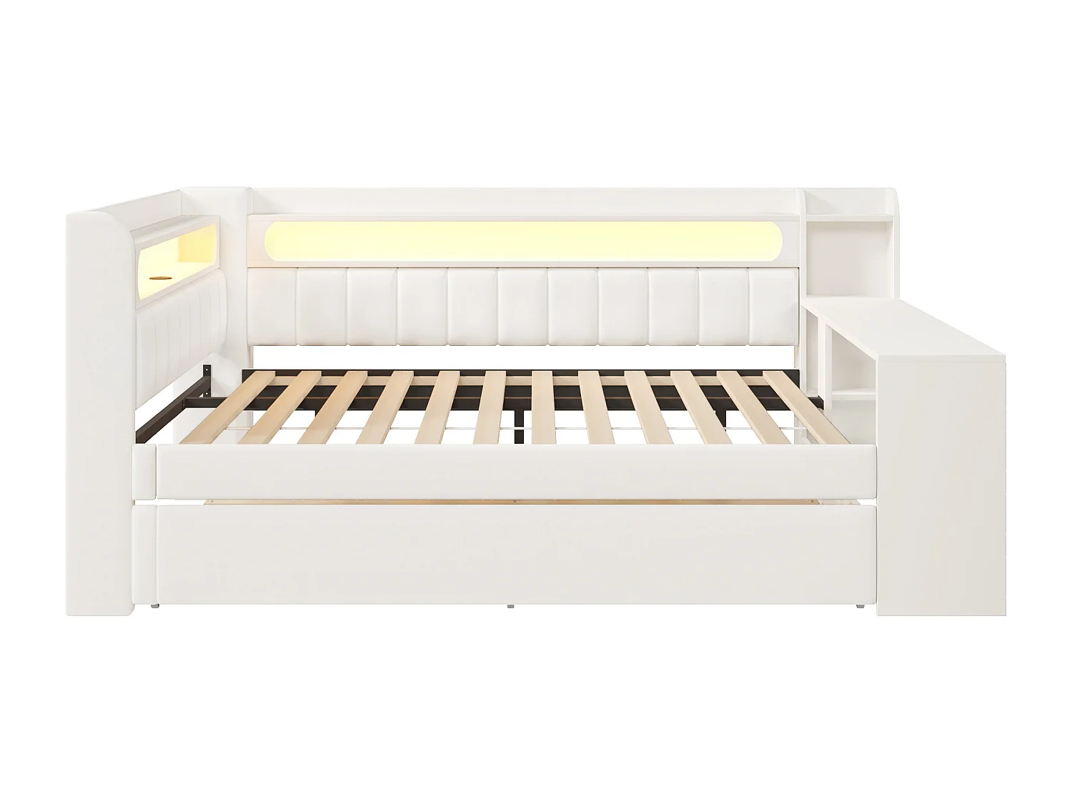 Canapé-lit rembourré 140x200 cm - avec ports USB et LED - avec lit gigogne et bureau - blanc(sans matelas)