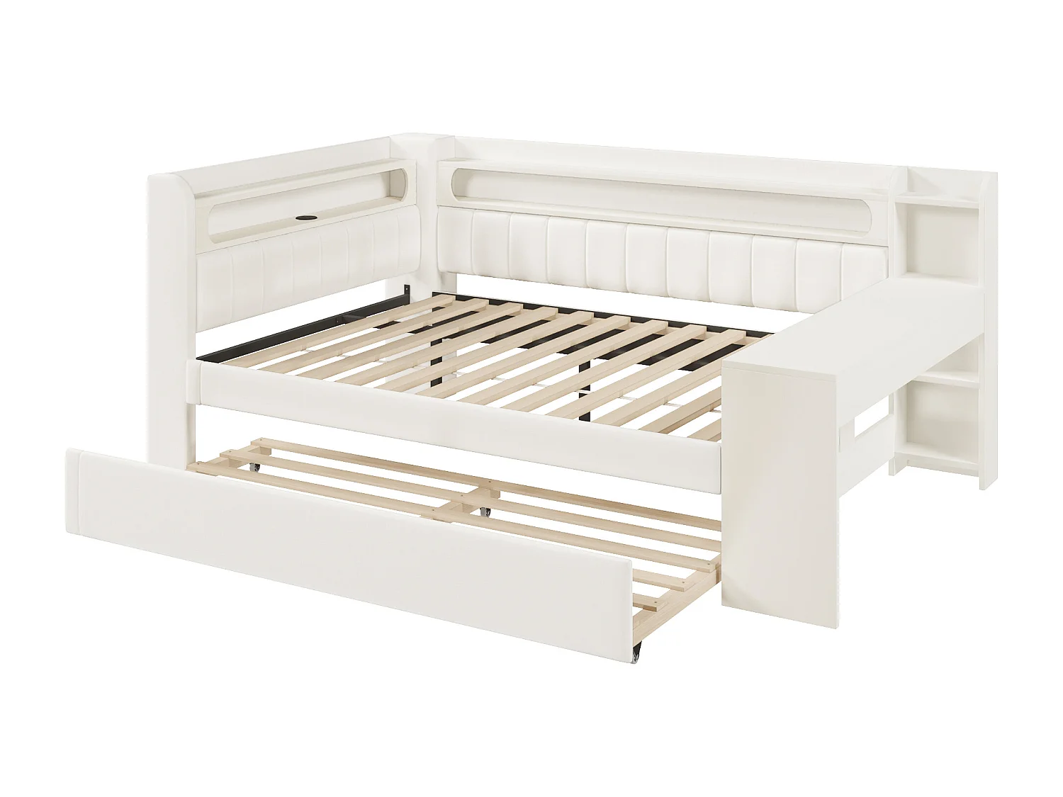 Canapé-lit rembourré 140x200 cm - avec ports USB et LED - avec lit gigogne et bureau - blanc(sans matelas)