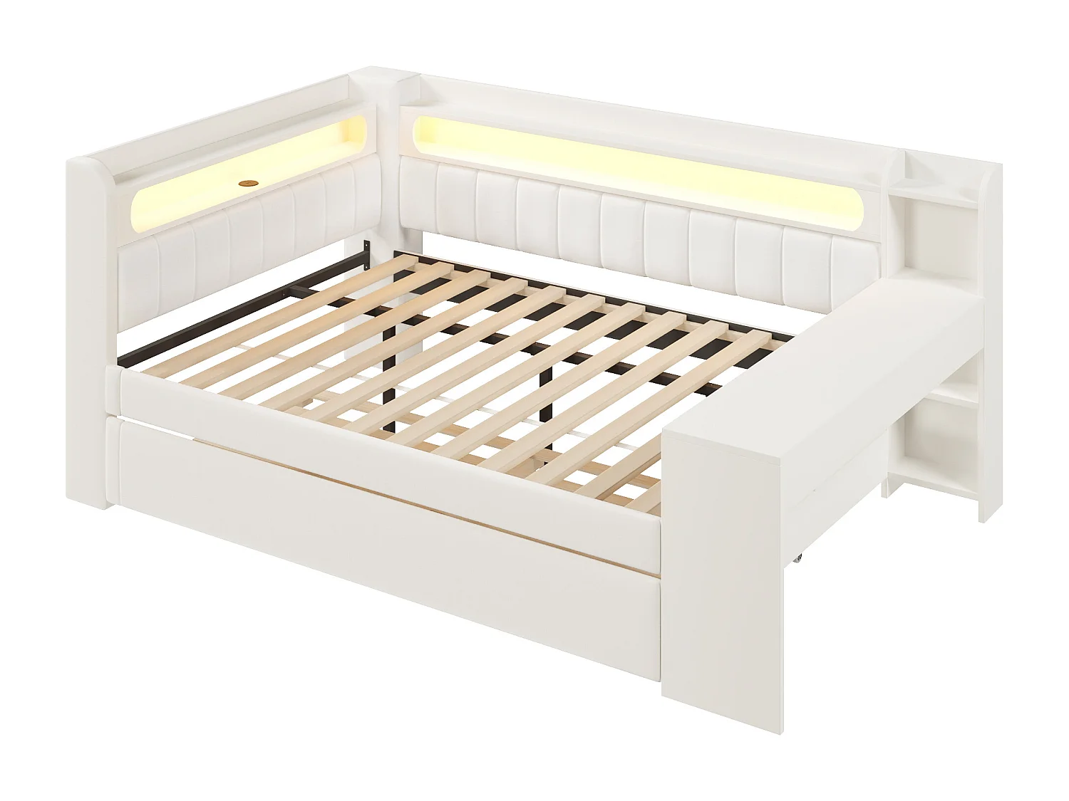 Canapé-lit rembourré 140x200 cm - avec ports USB et LED - avec lit gigogne et bureau - blanc(sans matelas)