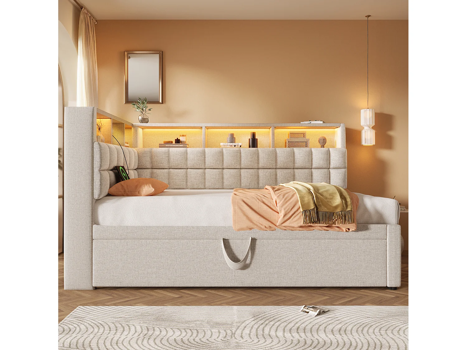 Canapé-lit 90x200cm - avec lit gigogne - avec éclairage LED - avec enceinte Bluetooth et port de chargement - tissu de lin - beige