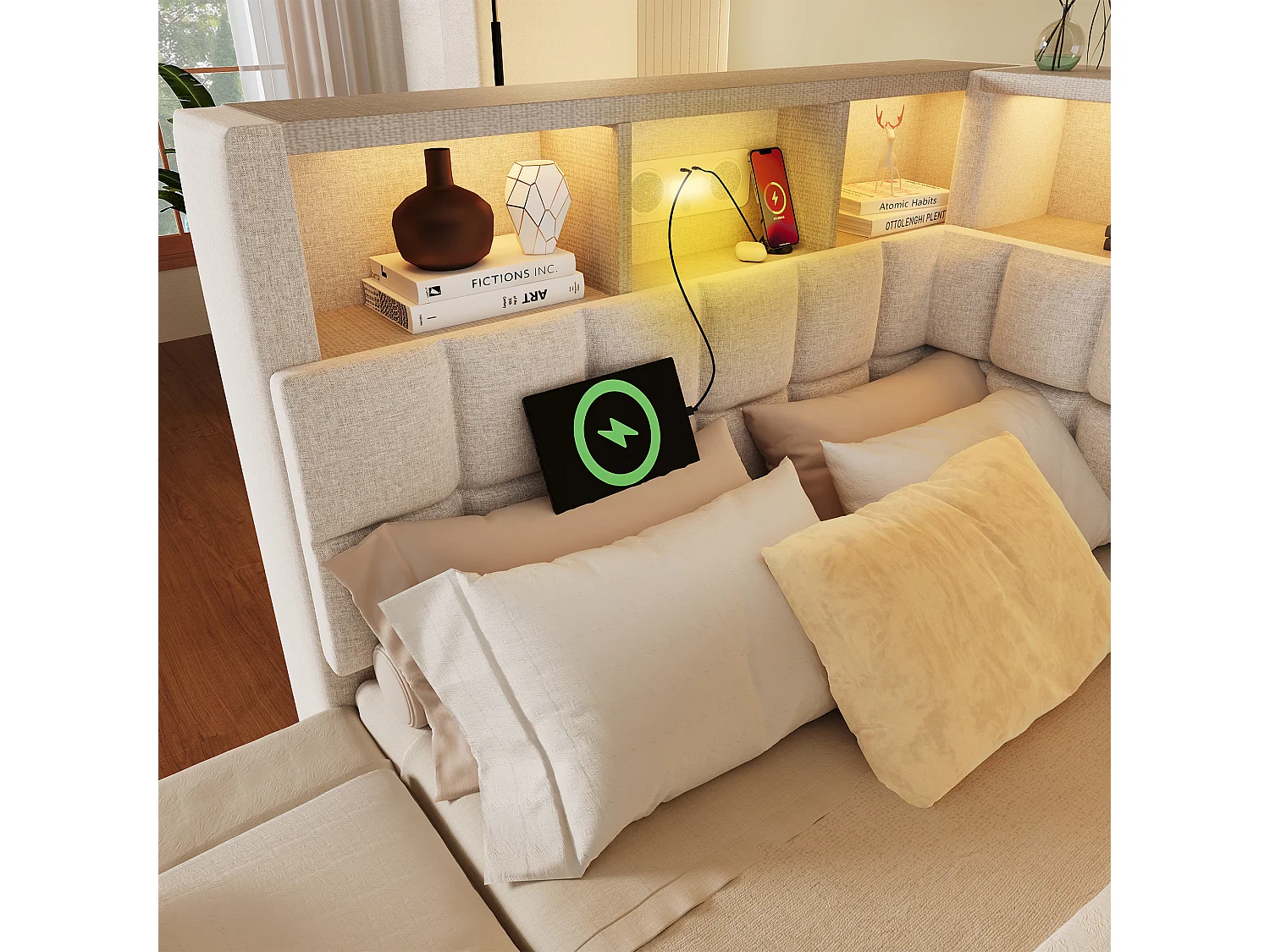 Canapé-lit 90x200cm - avec lit gigogne - avec éclairage LED - avec enceinte Bluetooth et port de chargement - tissu de lin - beige