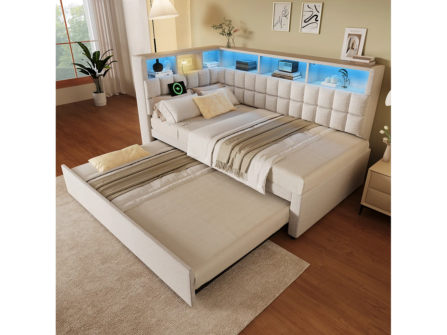 Canapé-lit 90x200cm - avec lit gigogne - avec éclairage LED - avec enceinte Bluetooth et port de chargement - tissu de lin - beige