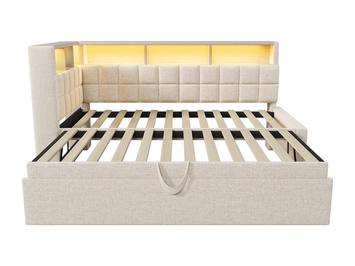 Canapé-lit 90x200cm - avec lit gigogne - avec éclairage LED - avec enceinte Bluetooth et port de chargement - tissu de lin - beige