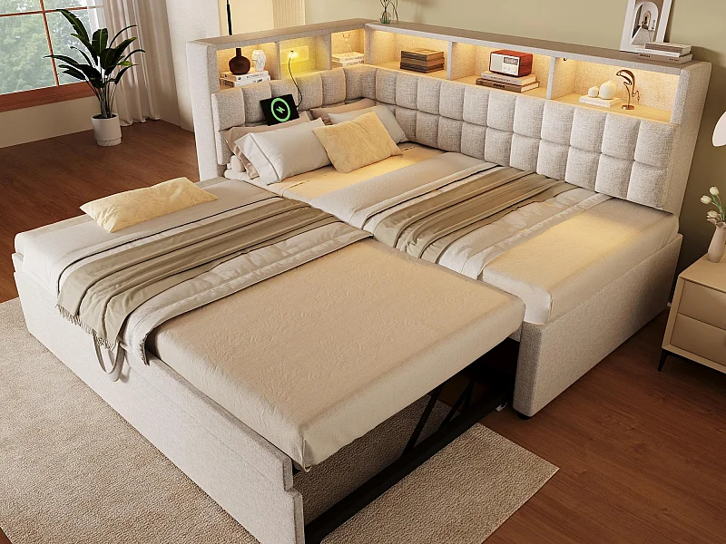 Canapé-lit 90x200cm - avec lit gigogne - avec éclairage LED - avec enceinte Bluetooth et port de chargement - tissu de lin - beige