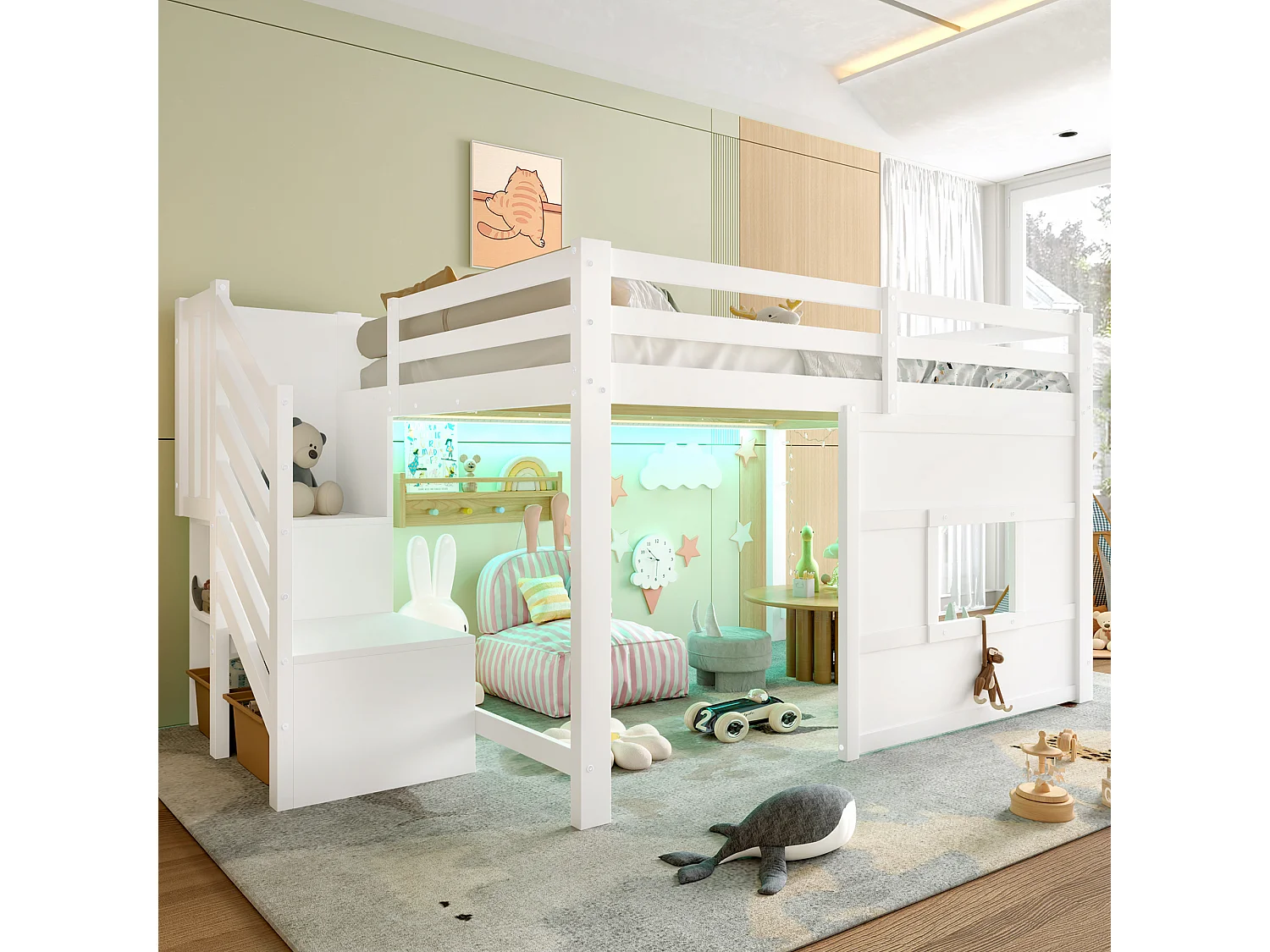 Lit mezzanine 140x200cm - avec échelle de rangement et fenêtre - avec LED - Barrière de sécurité - MDF - Blanc ( sans matelas )