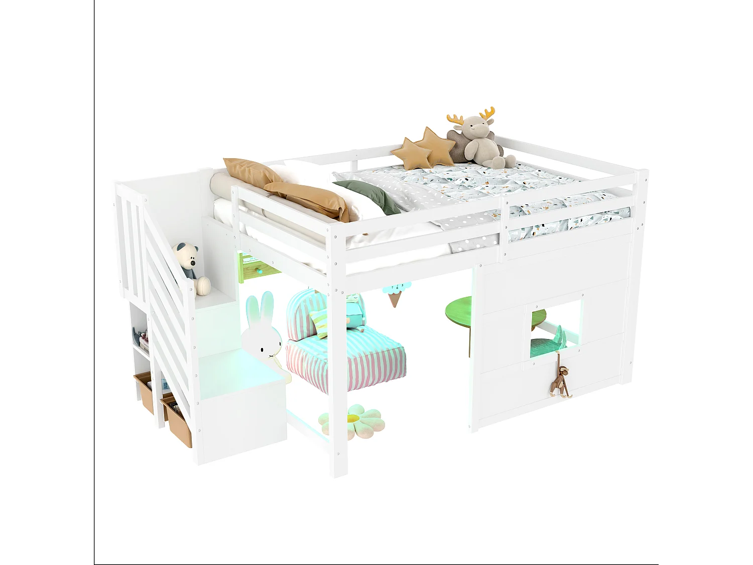 Lit mezzanine 140x200cm - avec échelle de rangement et fenêtre - avec LED - Barrière de sécurité - MDF - Blanc ( sans matelas )