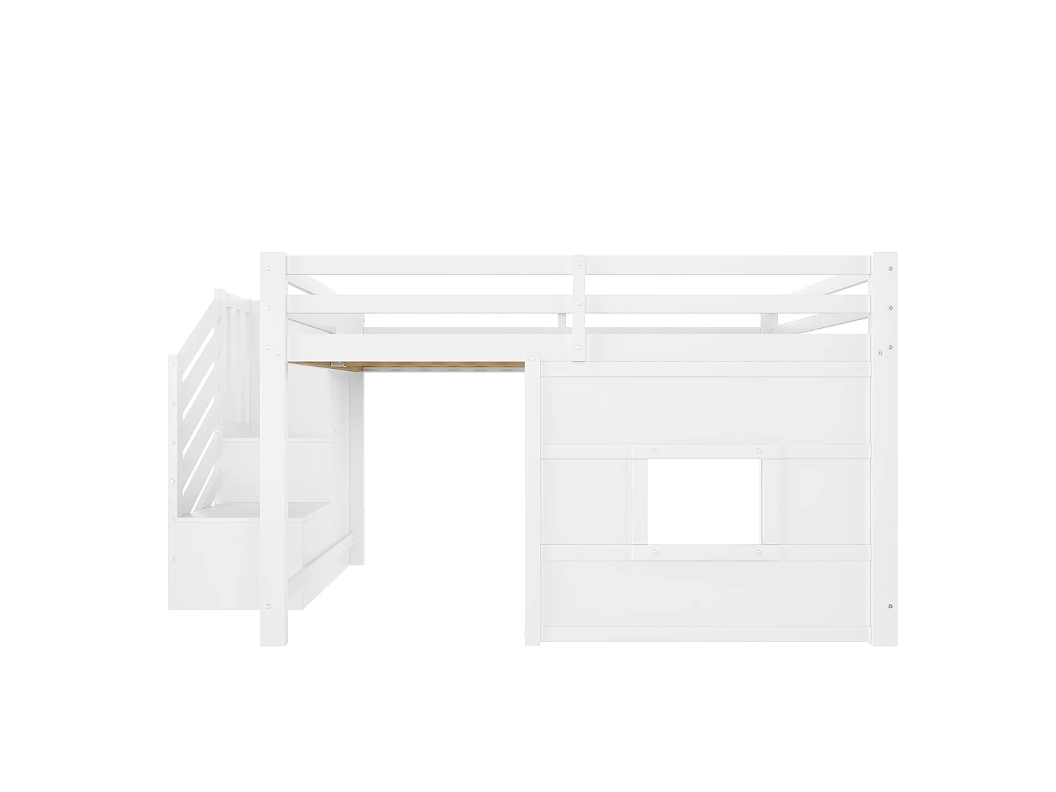 Lit mezzanine 140x200cm - avec échelle de rangement et fenêtre - avec LED - Barrière de sécurité - MDF - Blanc ( sans matelas )