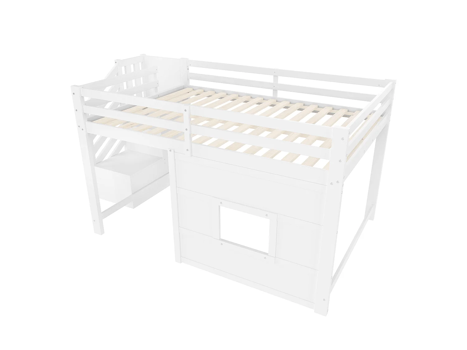 Lit mezzanine 140x200cm - avec échelle de rangement et fenêtre - avec LED - Barrière de sécurité - MDF - Blanc ( sans matelas )