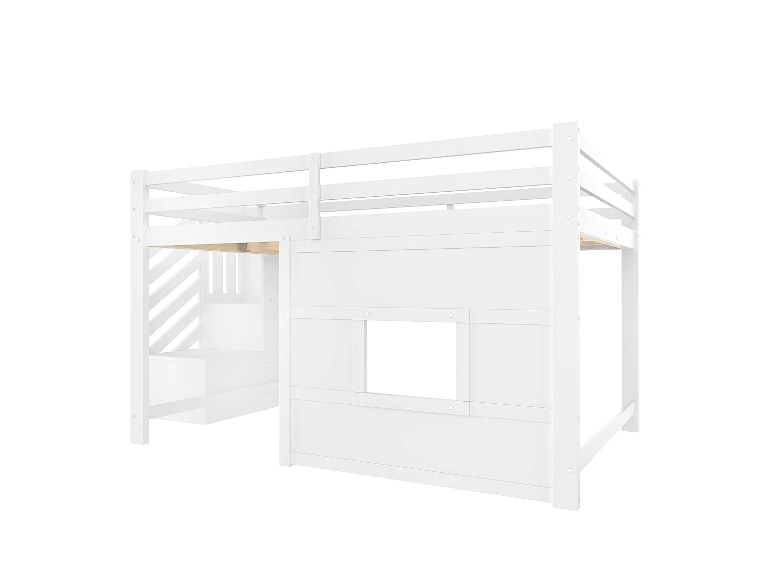 Lit mezzanine 140x200cm - avec échelle de rangement et fenêtre - avec LED - Barrière de sécurité - MDF - Blanc ( sans matelas )