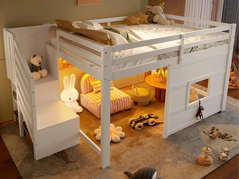 Lit mezzanine 140x200cm - avec échelle de rangement et fenêtre - avec LED - Barrière de sécurité - MDF - Blanc ( sans matelas )