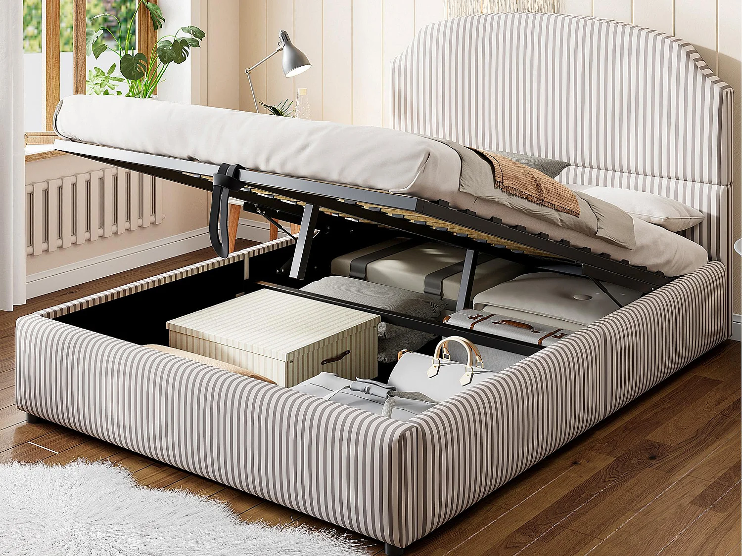 Lit coffre rembourré 140x200 - avec sommier à lattes - gris (Matelas non inclus)