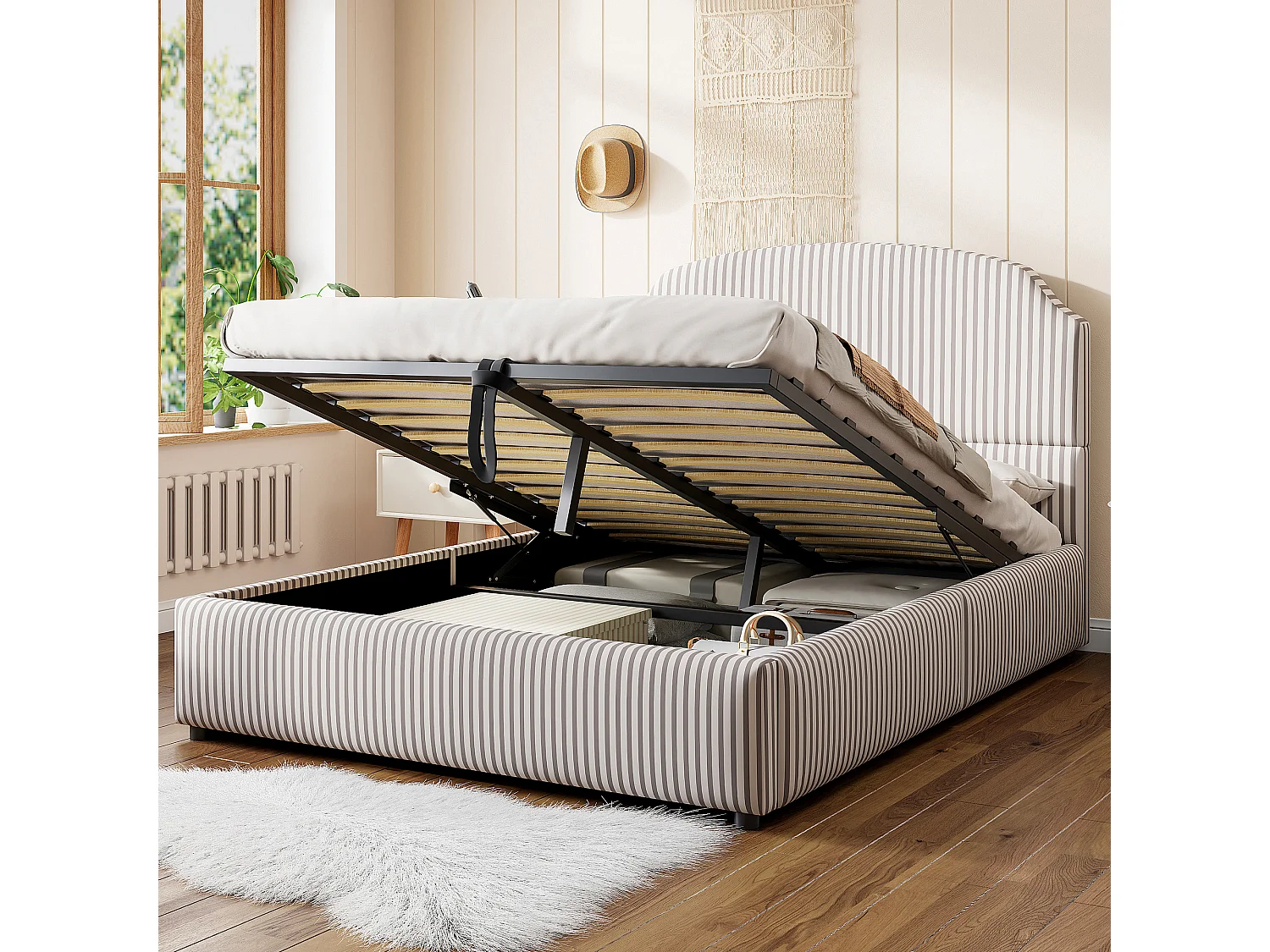 Lit coffre rembourré 140x200 - avec sommier à lattes - gris (Matelas non inclus)
