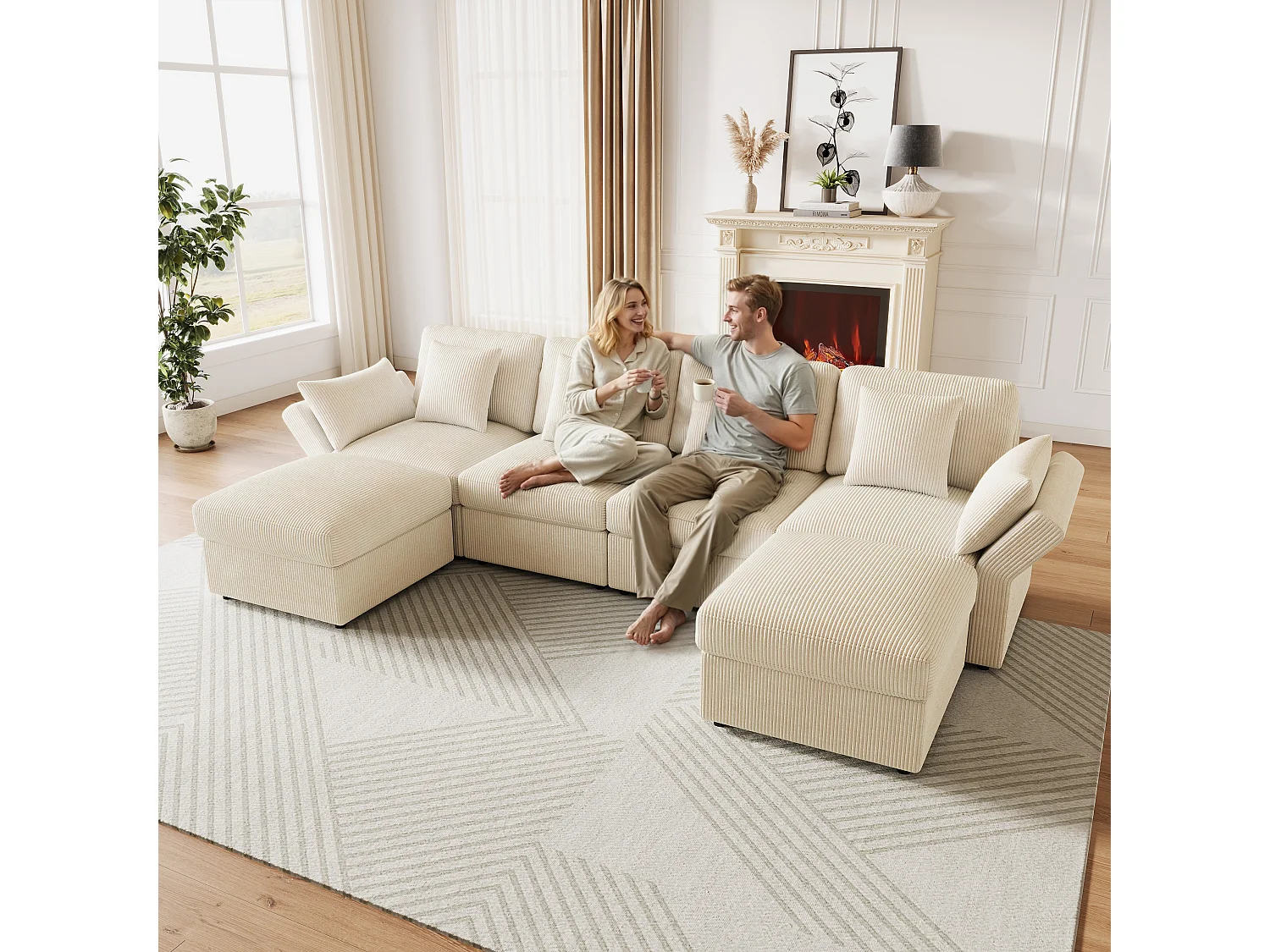 Canapé d'angle en forme de U 6 places - 290 x 159.5 x 89 cm - avec accoudoirs réglables + pouf amovible - velours - beige