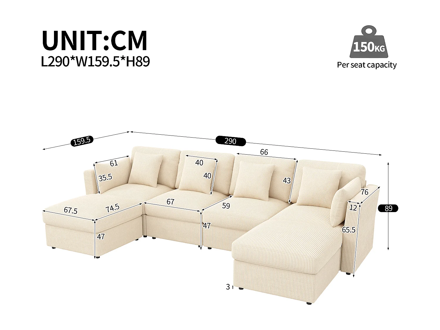 Canapé d'angle en forme de U 6 places - 290 x 159.5 x 89 cm - avec accoudoirs réglables + pouf amovible - velours - beige